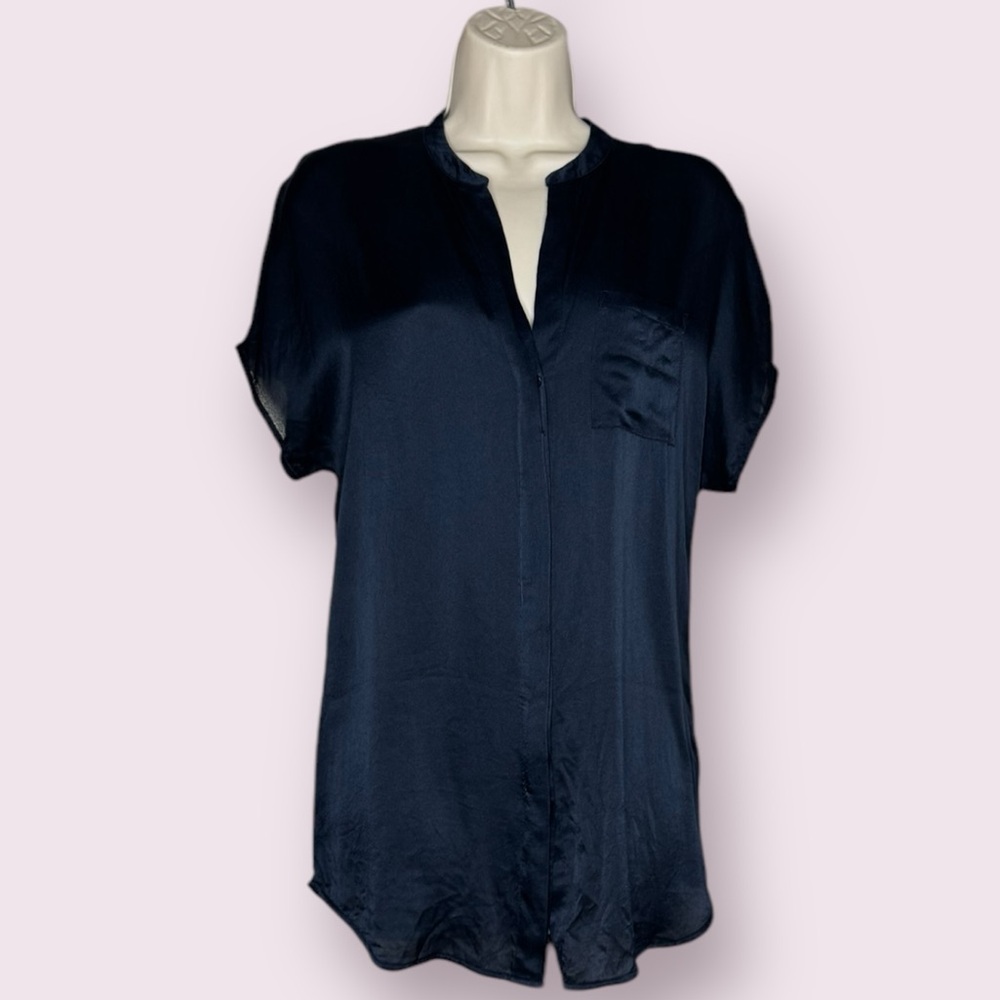 VINCE Dark Blue Silk Popover Short Sleeve